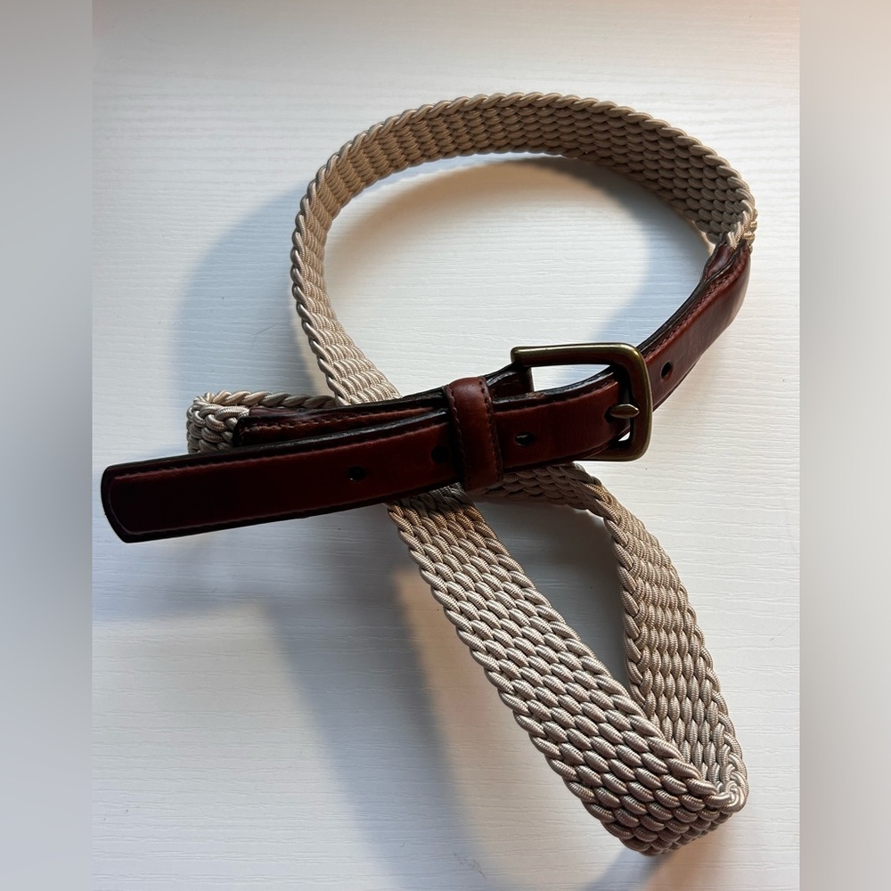 Orvis Belt‎ Mens Size 38 Brown Leather Beige Cord Fabric Brass Outdoor Casual